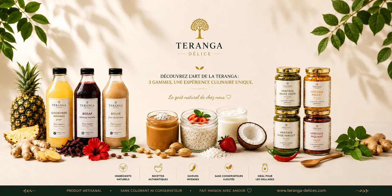 Teranga Drinks, boissons naturelles faites maison : bouye, bissap, gingembre ananas et bissap blanc